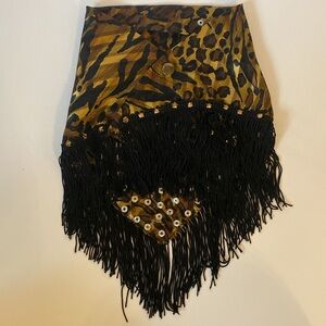 Terre Leopard Print Sequin Fringe Neck Scarf Adjustable Statement Collar M/L